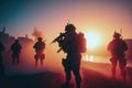 AI generated silhouettes of army soldiers attacking in smoke against sunset marines team in action Royalty Free Stock Photo