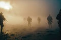 AI generated silhouettes of army soldiers attacking in smoke against sunset marines team in action Royalty Free Stock Photo