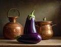 Generative AI illustration of vegetables with copper kitchenware and rustic background Generative AI Royalty Free Stock Photo
