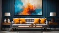 Generative ai illustration of Vivid gray sofa and art poster on stucco wall