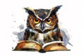 Generative AI illustration of a Watercolor cute owl with glasses reading book, isolated