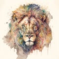 Generative AI illustration of watercolour painting of lion face wtih blend of abstract patterns and designs