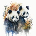 Generative AI illustration of watercolour style image of endangered giant pandas in bamboo forest jungle landscape