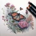 Generative AI illustration of watercolour style image of endangered monarch butterfly concept image