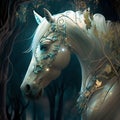 Generative AI illustration. White horse in an enchanted forest, beautiful horse with embroidery on his hair