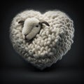 Generative AI illustration of white woolen knitted heart with sheep head against black background