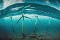 Modern wind turbines in sea at sky background AI generated