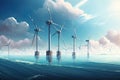 Modern wind turbines in sea at sky background AI generated