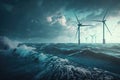 Modern wind turbines in sea at sky background AI generated