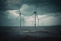 Modern wind turbines in sea at sky background AI generated