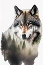 Generative AI illustration of wolf and forest double exposure