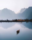 Generative AI illustration of wonderfully calm and peaceful landscape image of single rowing boat on still lake with woodland and
