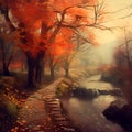 Generative AI illustrations, Autumn. Fall scene. Beautiful Autumnal park. Beauty nature scene Royalty Free Stock Photo