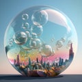 Generative AI, illustrations, bubbles soaring outdoor on sunny summer day, image poster with blue cloudy sky background