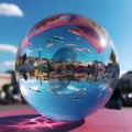Generative AI, illustrations, bubbles soaring outdoor on sunny summer day, image poster with blue cloudy sky background