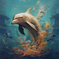 Generative AI illustrations, Charming dolphin playing at coral reef underwater Royalty Free Stock Photo