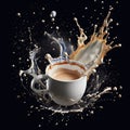 Generative AI illustrations, Coffee splash with milk on a black background