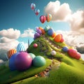 Generative AI, illustrations, Colorful hot air balloons flying over mountains