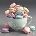 Generative Ai illustrations, Cup of coffee full with macaroon on a blue background