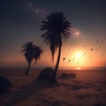 Generative AI illustrations, Dark palm trees silhouettes on colorful tropical ocean sunset background Royalty Free Stock Photo