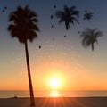 Generative AI illustrations, Dark palm trees silhouettes on colorful tropical ocean sunset background Royalty Free Stock Photo