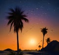 Generative AI illustrations, Dark palm trees silhouettes on colorful tropical ocean sunset background Royalty Free Stock Photo