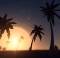Generative AI illustrations, Dark palm trees silhouettes on colorful tropical ocean sunset background Royalty Free Stock Photo