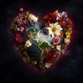 Generative AI illustrations, earth planet in middle of a Bouquet of colorful flowers in the shape of a heart