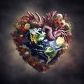 Generative AI illustrations, earth planet in middle of a Bouquet of colorful flowers in the shape of a heart