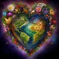 Generative AI illustrations, Earth planet in middle of a Bouquet of colorful flowers in the shape of a heart