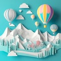 Generative AI illustrations, Flying Paper cut balloons. Colorful Greeting card