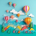 Generative AI illustrations, Flying Paper cut balloons. Colorful greeting card.