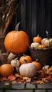 Generative AI illustrations, green and orange pumpkins in garden or on fair. autumn harvest time