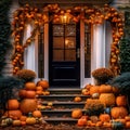 Generative Ai illustrations, halloween pumpkins decorations house, cool decorations ideas
