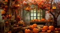 Generative Ai illustrations, halloween pumpkins decorations house, cool decorations ideas