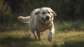 Generative AI illustrations, happy pet dog puppy running in the grass and playing with a tennis ball. Royalty Free Stock Photo