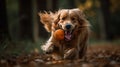 Generative AI illustrations, happy pet dog puppy running in the grass and playing with a tennis ball. Royalty Free Stock Photo