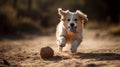 Generative AI illustrations, happy pet dog puppy running in the grass and playing with a tennis ball. Royalty Free Stock Photo