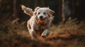 Generative AI illustrations, happy pet dog puppy running in the grass and playing with a tennis ball. Royalty Free Stock Photo