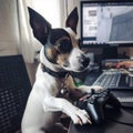 Generative aI illustrations, Little cute boy playing video game console seated on a sofa with basenji dog puppy Royalty Free Stock Photo