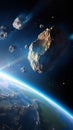 Generative AI illustrations, Planet Earth and big asteroids in the space. Asteroid in outer space near Earth planet. Royalty Free Stock Photo