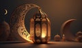 Arabic lantern with crescent moon, Holy month of ramadan concept. Generative AI.