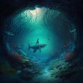 Generative AI illustrations, Underwater diver in deep sea dive