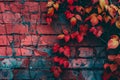 Generative AI Image of Ancient Dark Red Brick Wall with Vines Foliage in Autumn Season Royalty Free Stock Photo