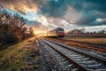 Generative AI Image of Ancient Old Train Passing Railway Track at Sunset Royalty Free Stock Photo
