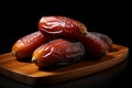 Generative AI Image of Arabian Dates Fruit on Wooden Board with Dark Background