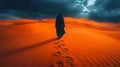 Generative AI Image of Back View of People Walking in Desert with Footprints and Clouds View Royalty Free Stock Photo