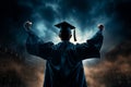 Generative AI Image of Back View of University Student Raising Hands as Sign of Graduation