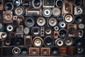 Generative AI image background of a large stack of wooden vintage music audio speakers