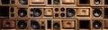 Generative AI image background of a large stack of wooden vintage music audio speakers